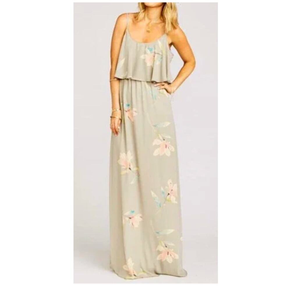 Show Me Your Mumu Caitlin Ruffle Maxi Dress XS in Lily Showers Gray Floral